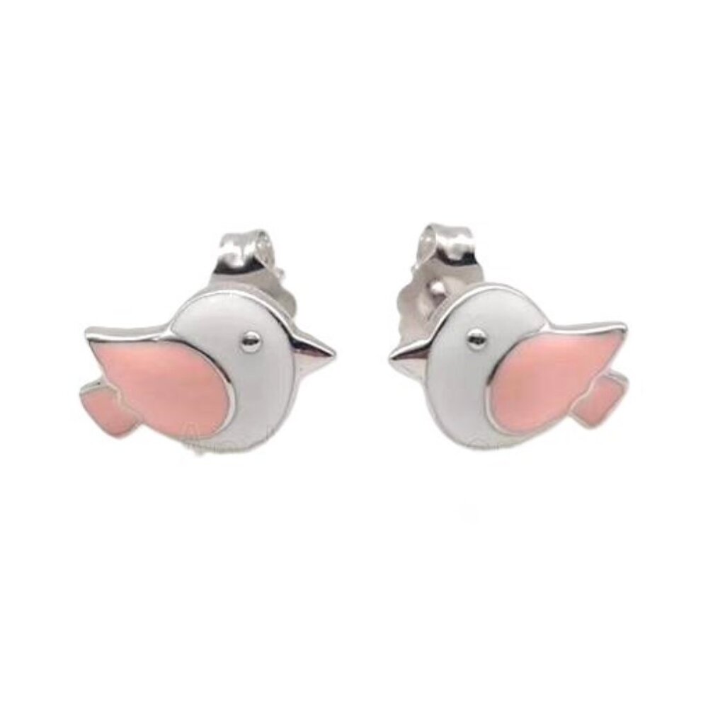 Small enameled pink birds Sterling silver stud earrings, earlobe, woman earrings